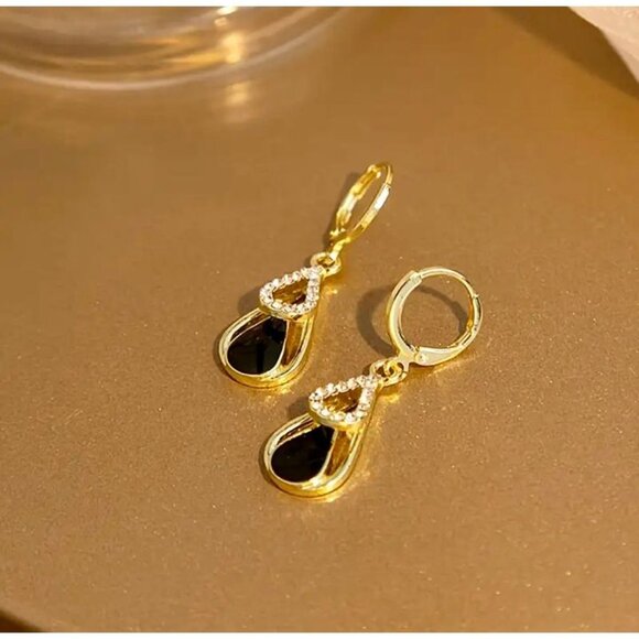 Gold and Black Teardrop Dangle Earrings - Picture 2 of 3